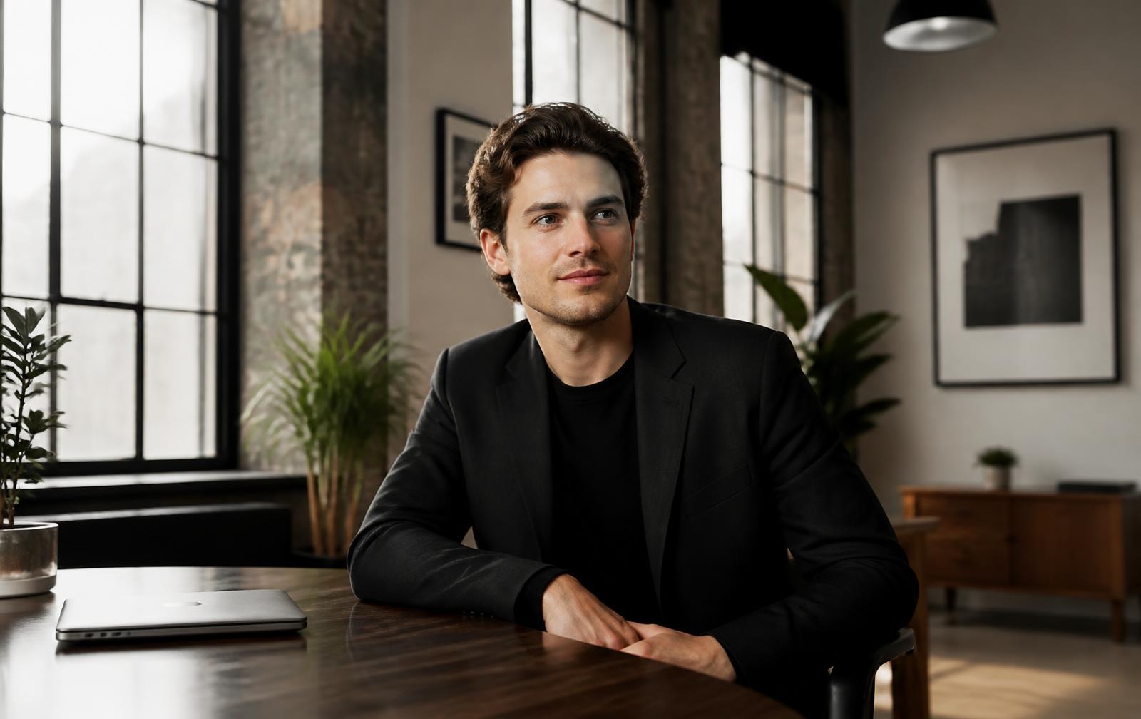 A young founder in a modern loft office, the week after closing a Series B
